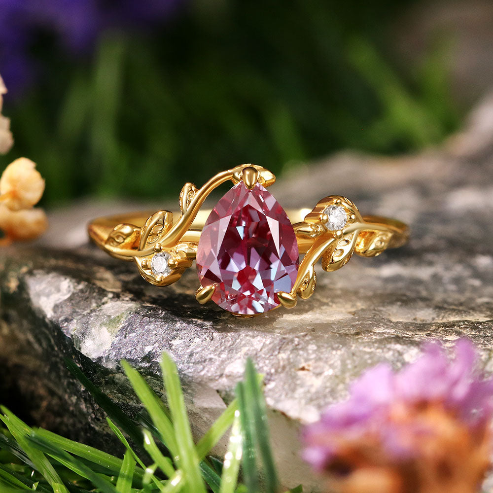 1.58ct Pear Cut Lab Alexandrite Twig Leaf  Engagement Ring