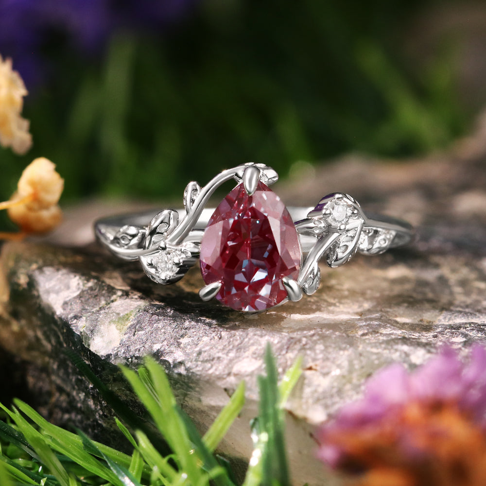 1.58ct Pear Cut Lab Alexandrite Twig Leaf Engagement Ring
