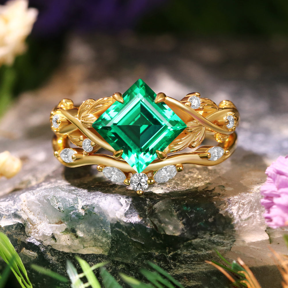 1.81 ct Princess Cut Lab Emerald Engagement Ring Leaf Branch Nature Inspired Bridal Ring Set