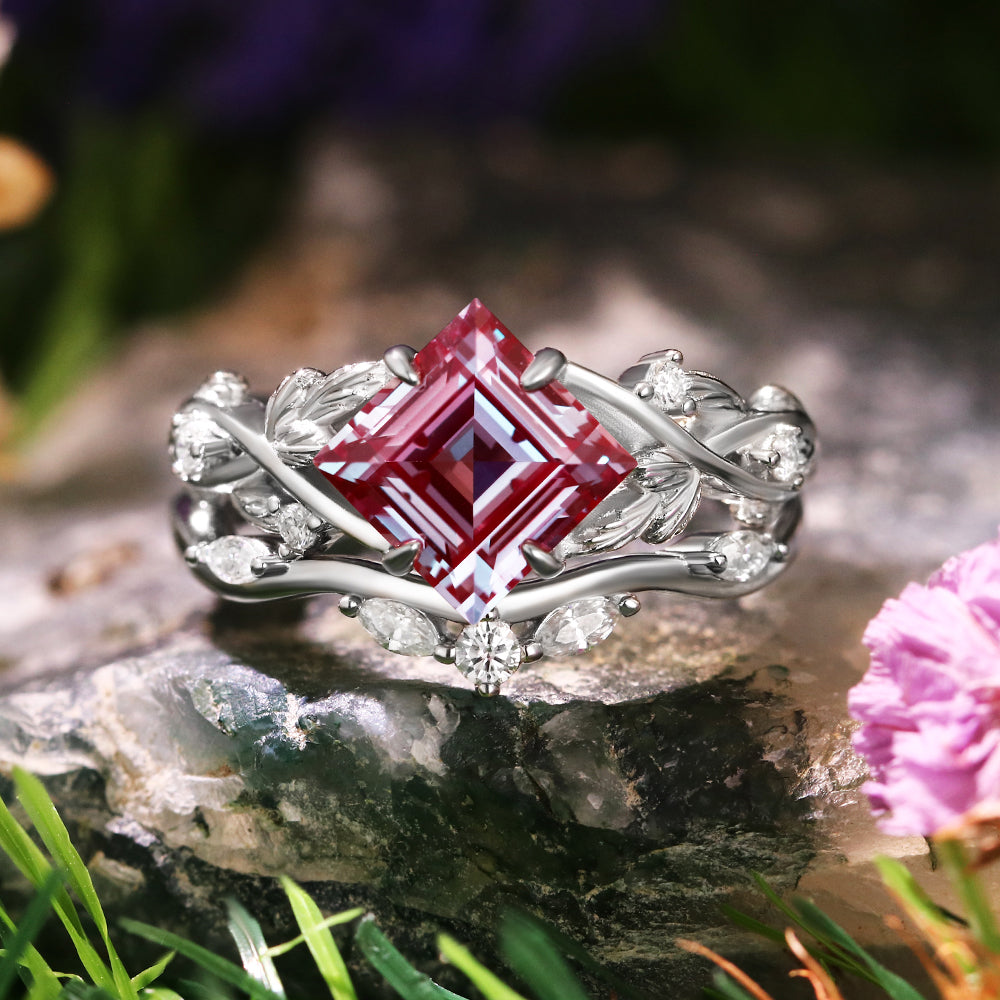 2.42 ct Princess Cut Lab Alexandrite Engagement Ring Leaf Branch Nature Inspired Bridal Ring Set