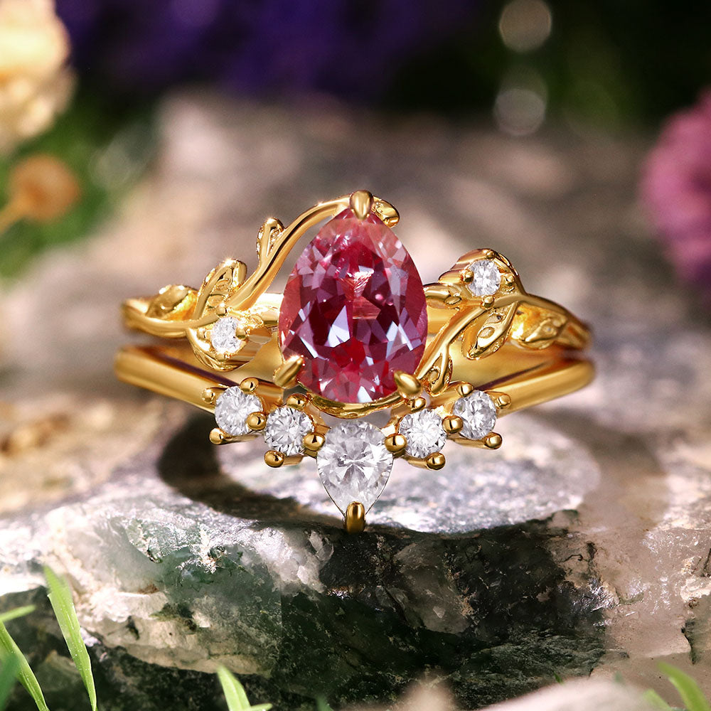 1.85ct Pear Cut Lab Alexandrite Twig Leaf Engagement Bridal Ring Set