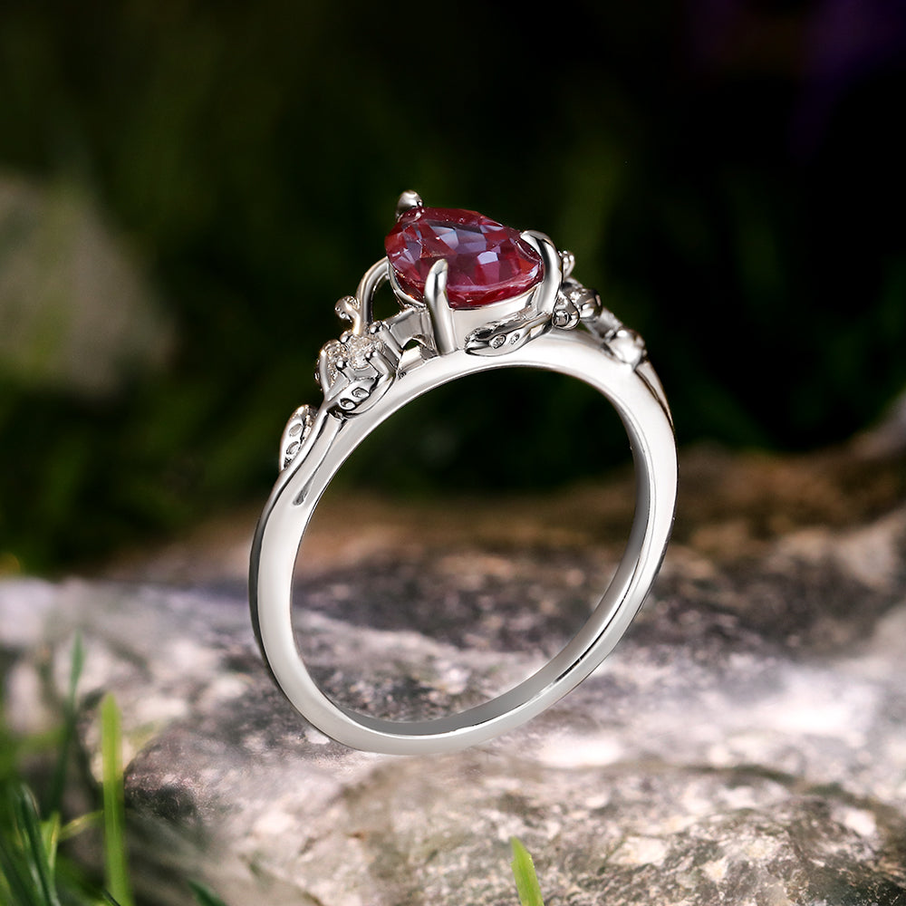 1.58ct Pear Cut Lab Alexandrite Twig Leaf Engagement Ring