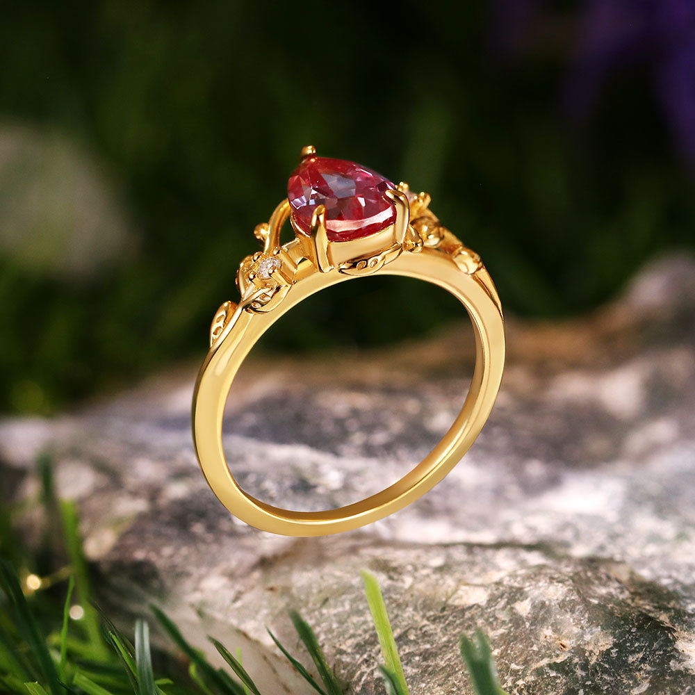 1.58ct Pear Cut Lab Alexandrite Twig Leaf Engagement Ring