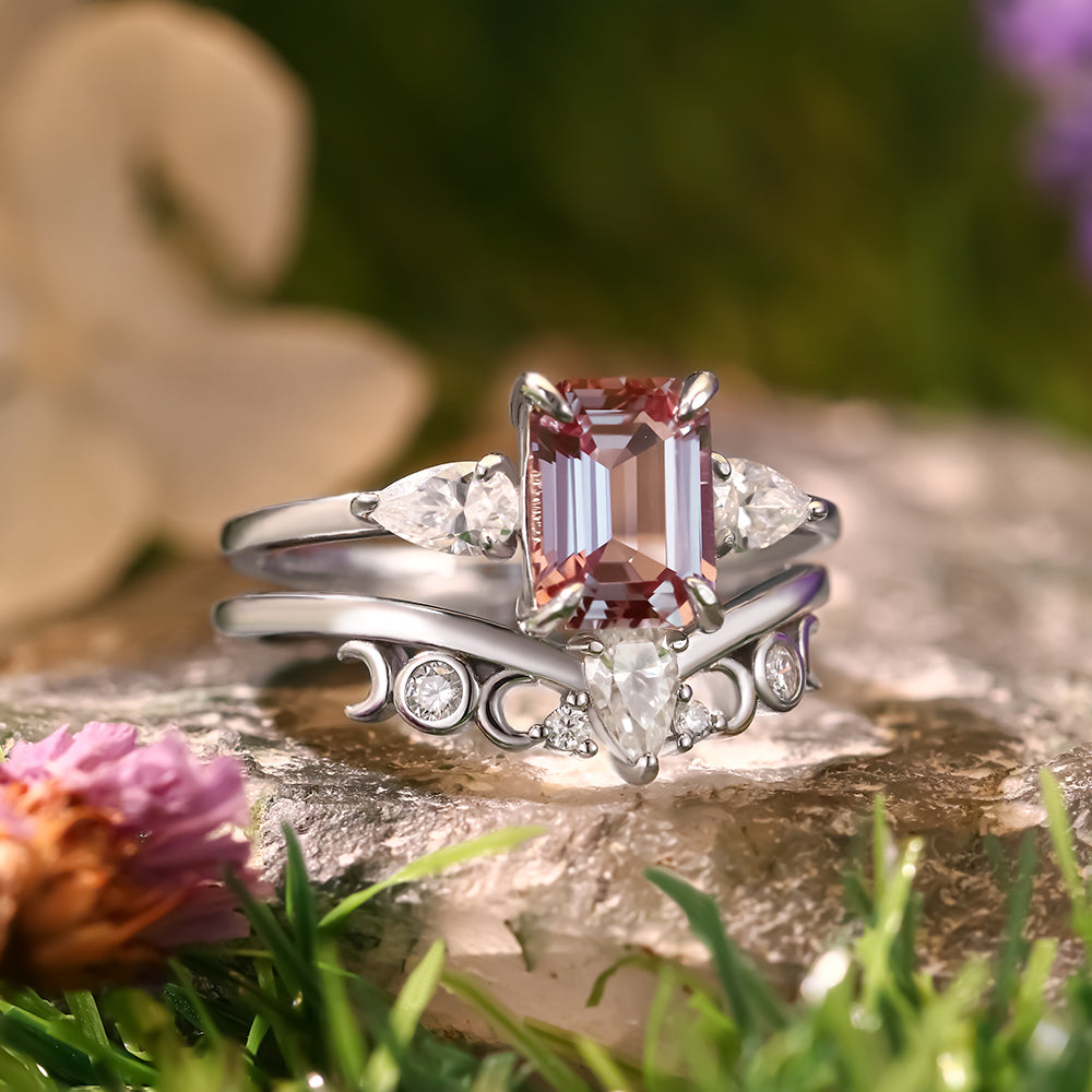 2.42ct Emerald Cut Lab Alexandrite Three Stone Ring Unique Bridal Ring Set