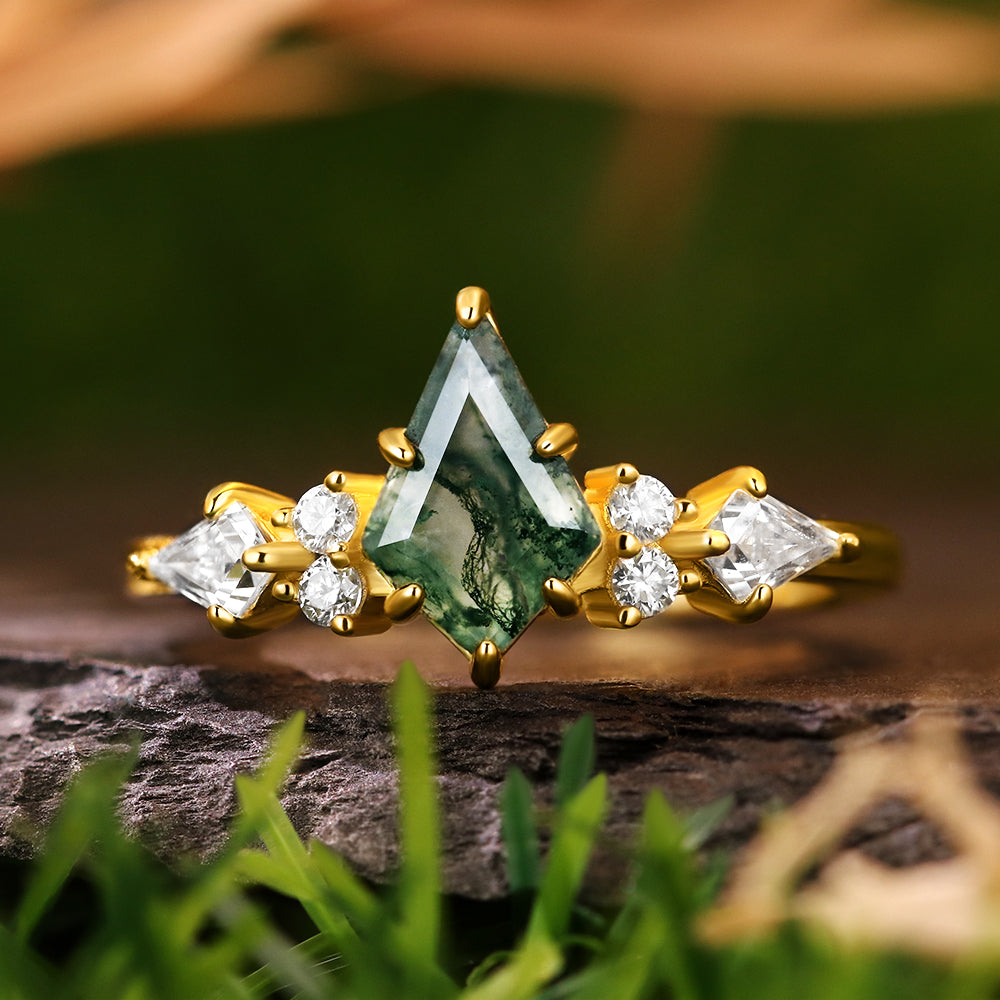 Unique 6*9mm Kite Cut Moss Agate Cluster Bridal Ring Set