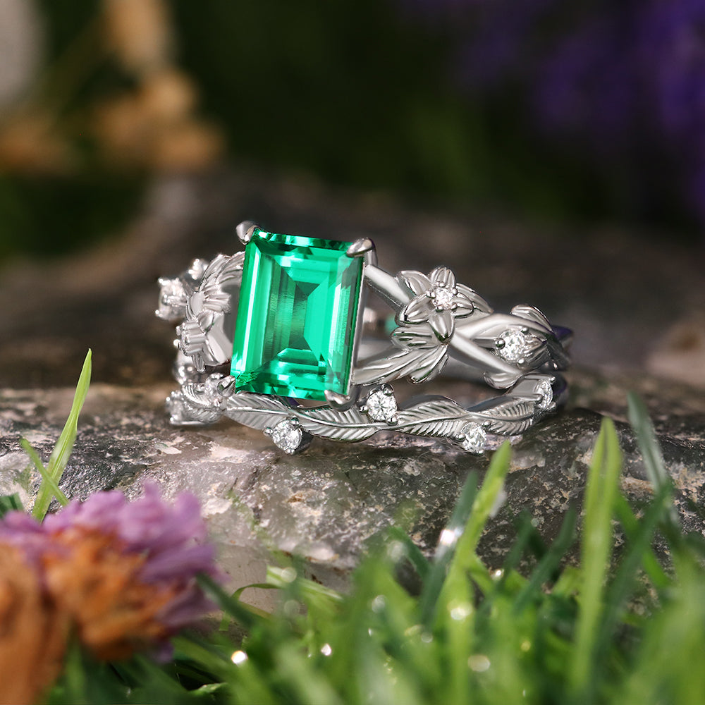 1.58 ct Emerald Cut Lab Emerald Engagement Ring Nature Inspired Floral And Leaf Twist Bridal Ring Set