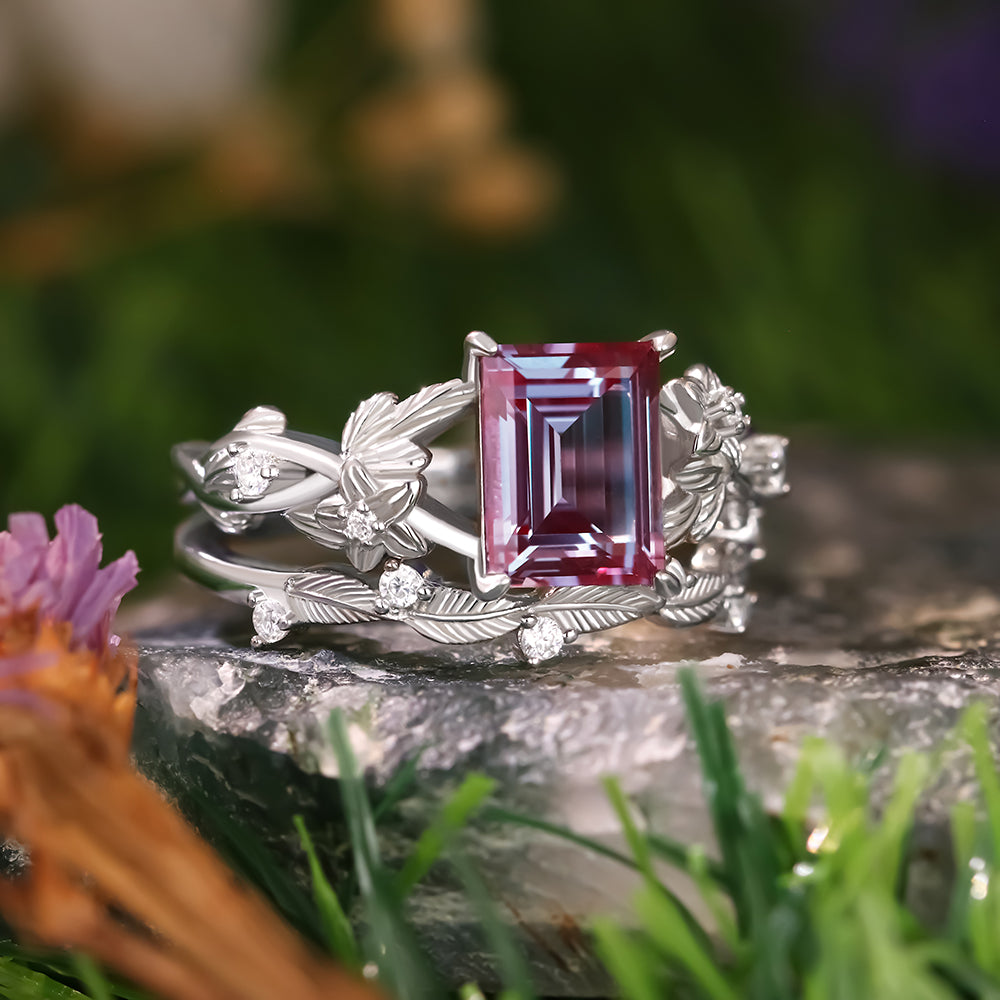 1.89 ct Emerald Cut Lab Alexandrite Engagement Ring Nature Inspired Floral And Leaf Twist Bridal Ring Set