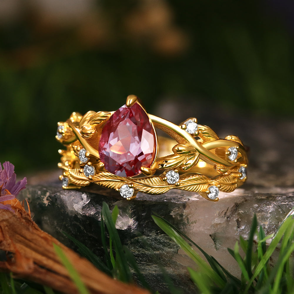 1.71ct Pear Cut Lab Alexandrite Nature Inspired Twig Leaf Engagement Bridal Ring Set