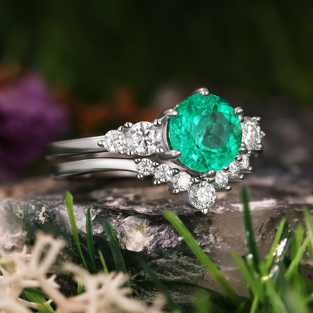 1.70 ct Round Cut Lab Emerald Vintage Five Stone Ring Curved Stacking Ring Bridal Ring Set