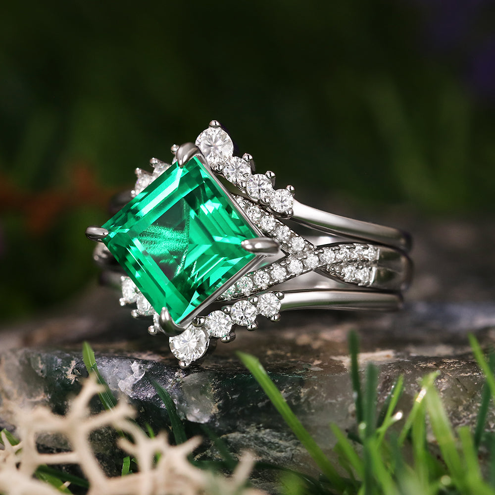 2.48 ct Square Cut Lab Emerald Vintage Twsited Ring Curved Stacking Ring Bridal Ring Set
