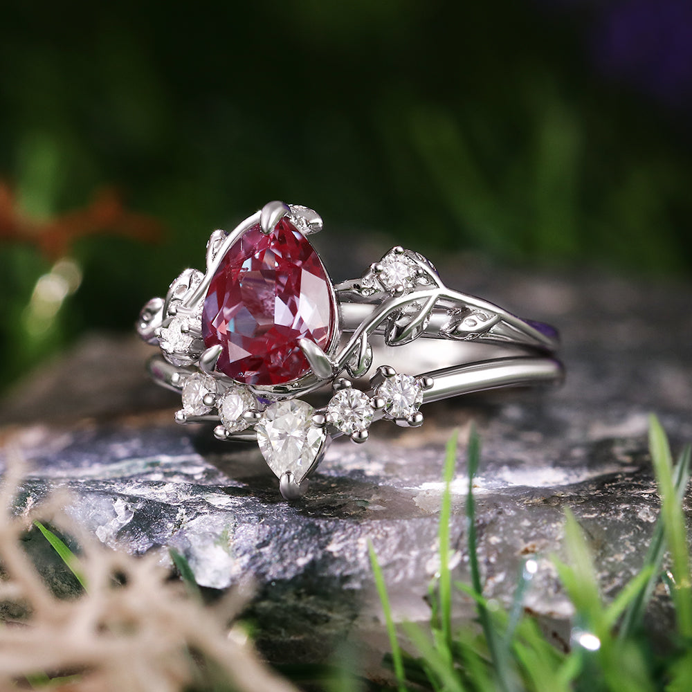 1.85ct Pear Cut Lab Alexandrite Twig Leaf Engagement Bridal Ring Set