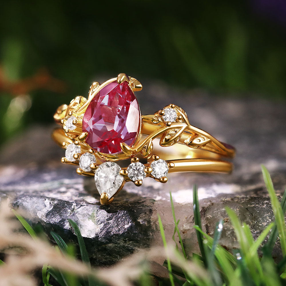 1.85ct Pear Cut Lab Alexandrite Twig Leaf Engagement Bridal Ring Set