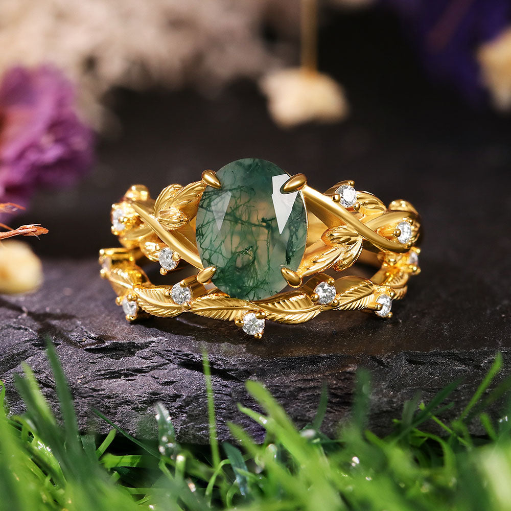 7*9 Oval Cut Moss Agate Accents Engagement Ring Nature Inspired Leaf Branch Twist Bridal Ring Set