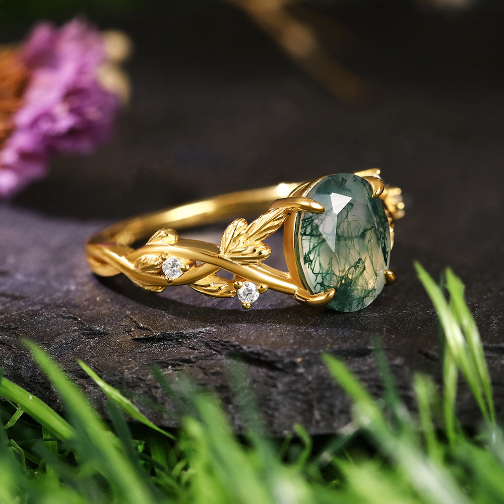 7*9 Oval Cut Moss Agate Nature Inspired Leaf Branch Twist Engagement Ring
