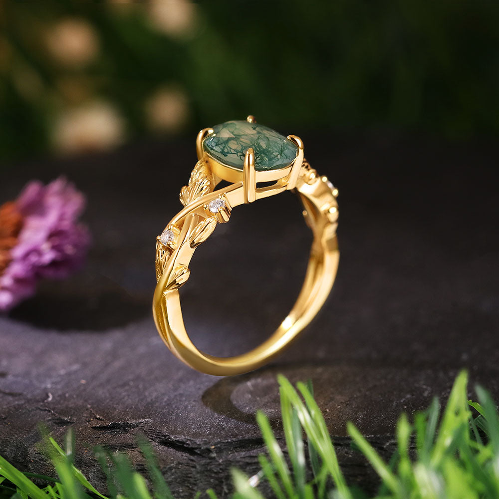 7*9 Oval Cut Moss Agate Nature Inspired Leaf Branch Twist Engagement Ring