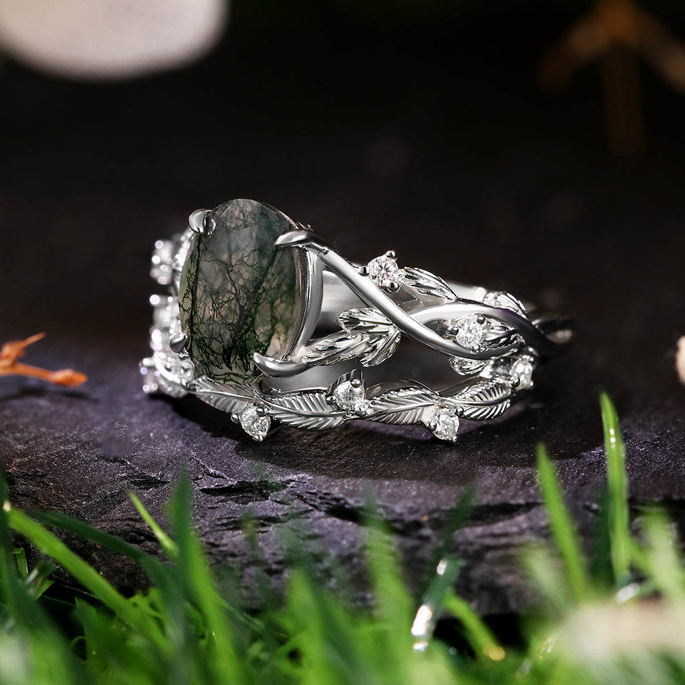 7*9 Oval Cut Moss Agate Accents Engagement Ring Nature Inspired Leaf Branch Twist Bridal Ring Set
