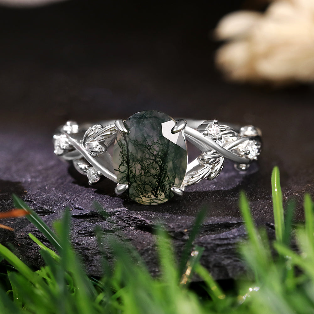 7*9 Oval Cut Moss Agate Nature Inspired Leaf Branch Twist Engagement Ring