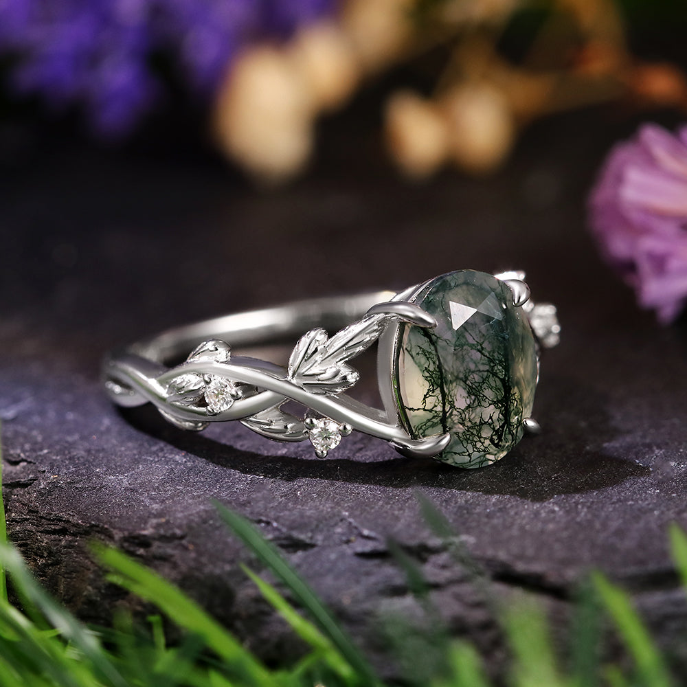 7*9 Oval Cut Moss Agate Nature Inspired Leaf Branch Twist Engagement Ring