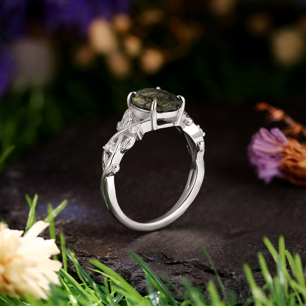 7*9 Oval Cut Moss Agate Nature Inspired Leaf Branch Twist Engagement Ring
