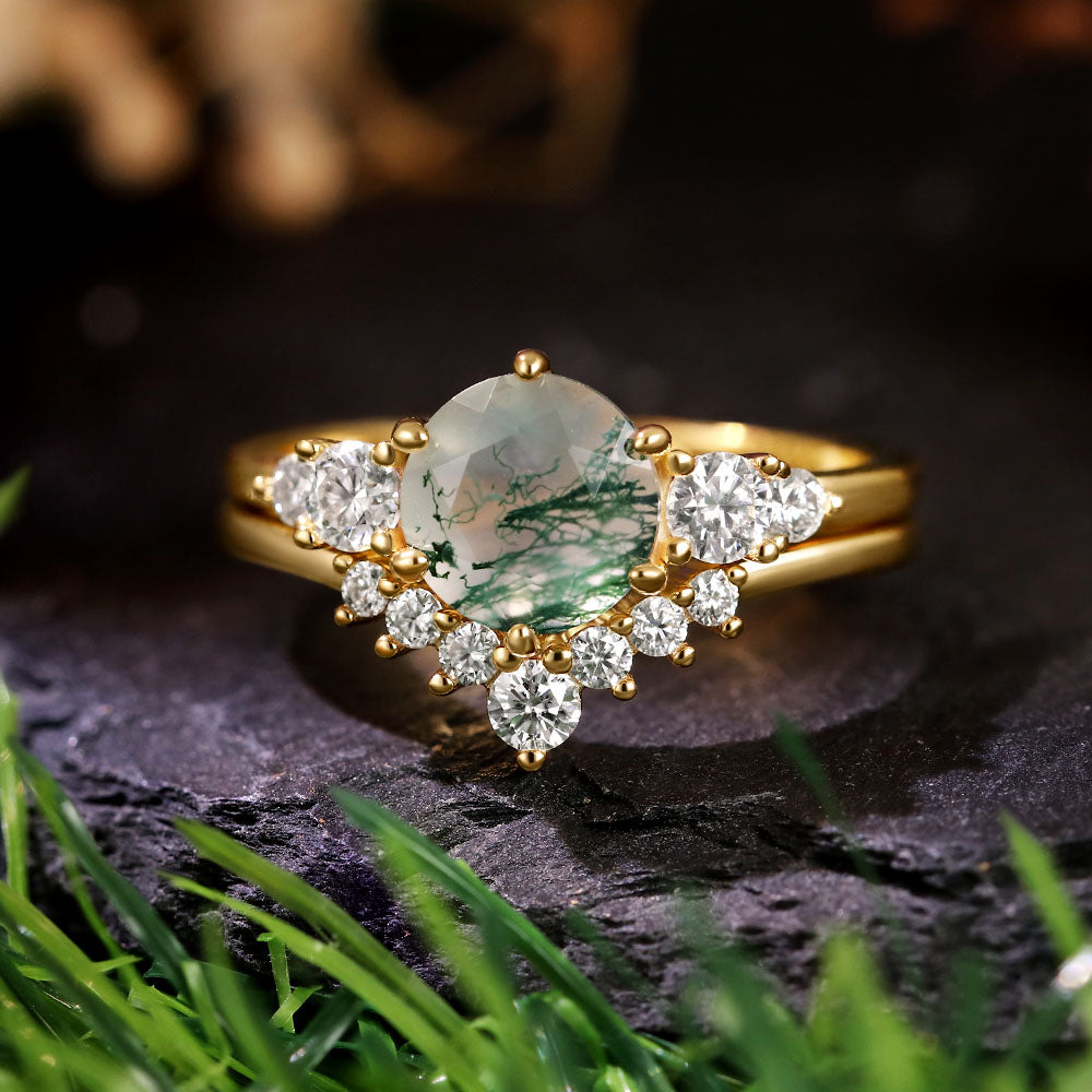 7mm Round Cut Moss Agate Vintage Engagement Bridal Ring Set