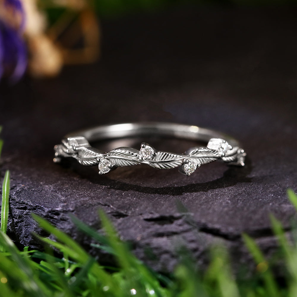 6*8mm Vintage Emerald Cut Moss Agate Leaf Flower Nature Inspired Unique Twisted Ring Leaf Band Bridal Set