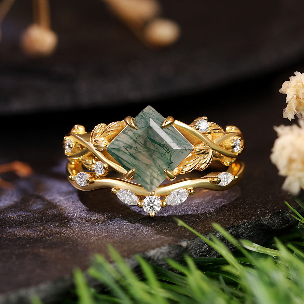 7x7mm Square Cut Moss Agate Nature Inspired Leaf Bridal Ring Set
