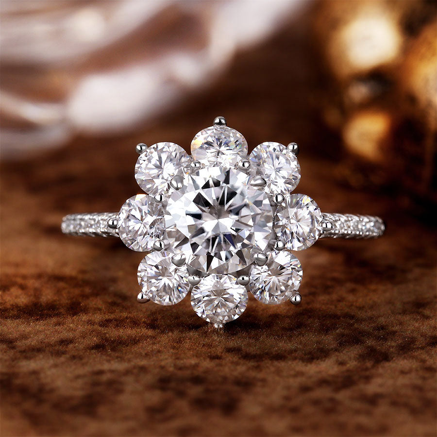 1 ct Round Moissanite Floral Cluster Engagement Ring