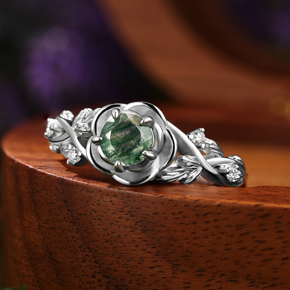 Nature Inspired 5mm Round Cut Moss Agate Rose Flower Leaf Engagement Ring