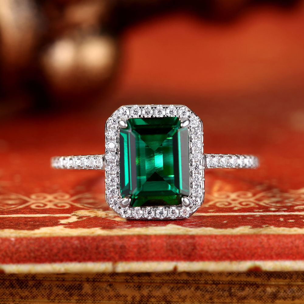 2.22 ct Emerald Cut Lab Emerald Halo Engagement Ring with Moissanite