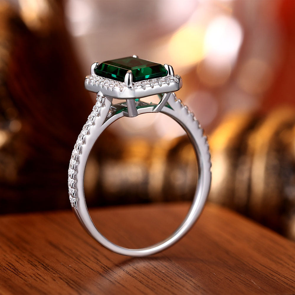 2.22 ct Emerald Cut Lab Emerald Halo Engagement Ring with Moissanite