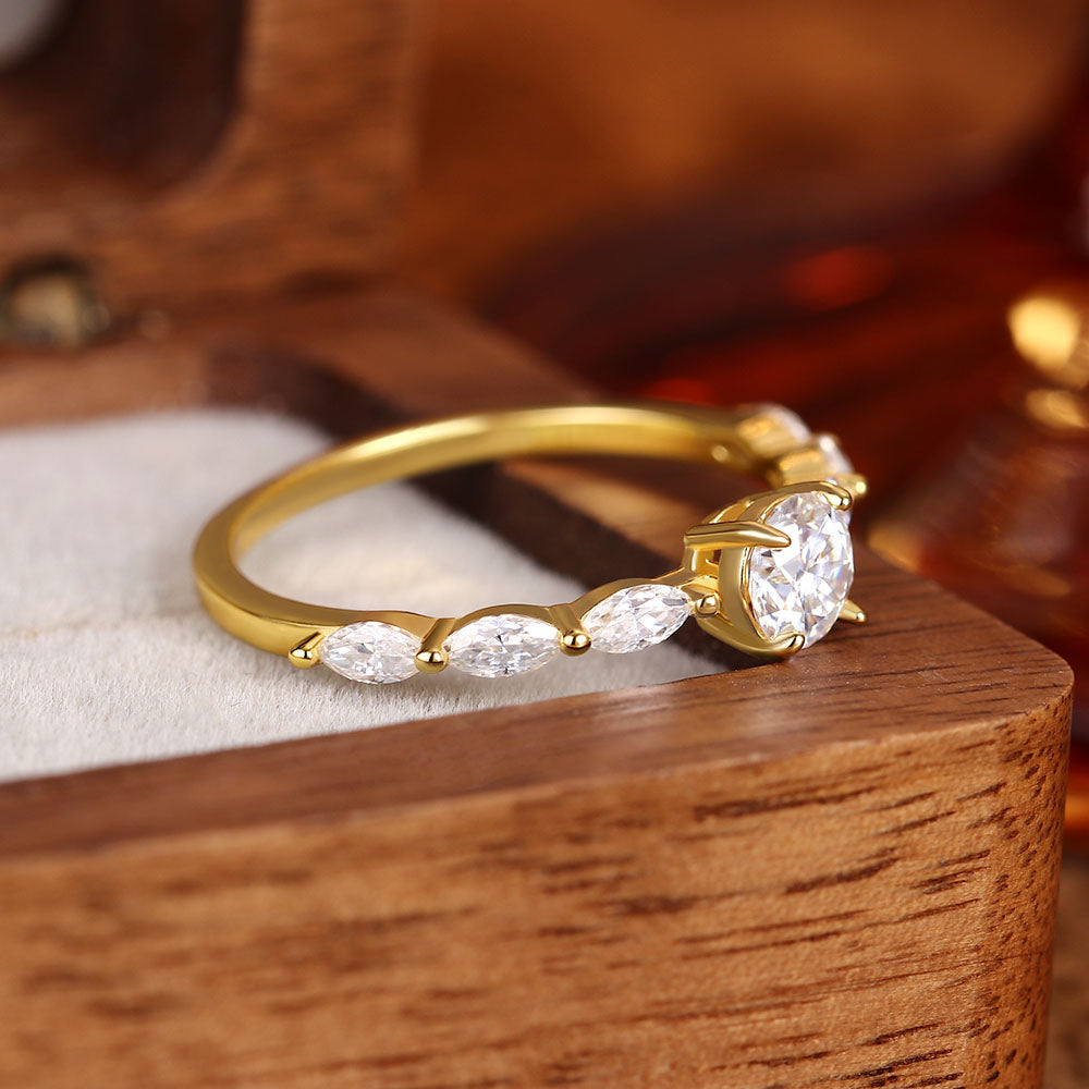 Round Moissanite Engagement Ring With Marquise Moissanite