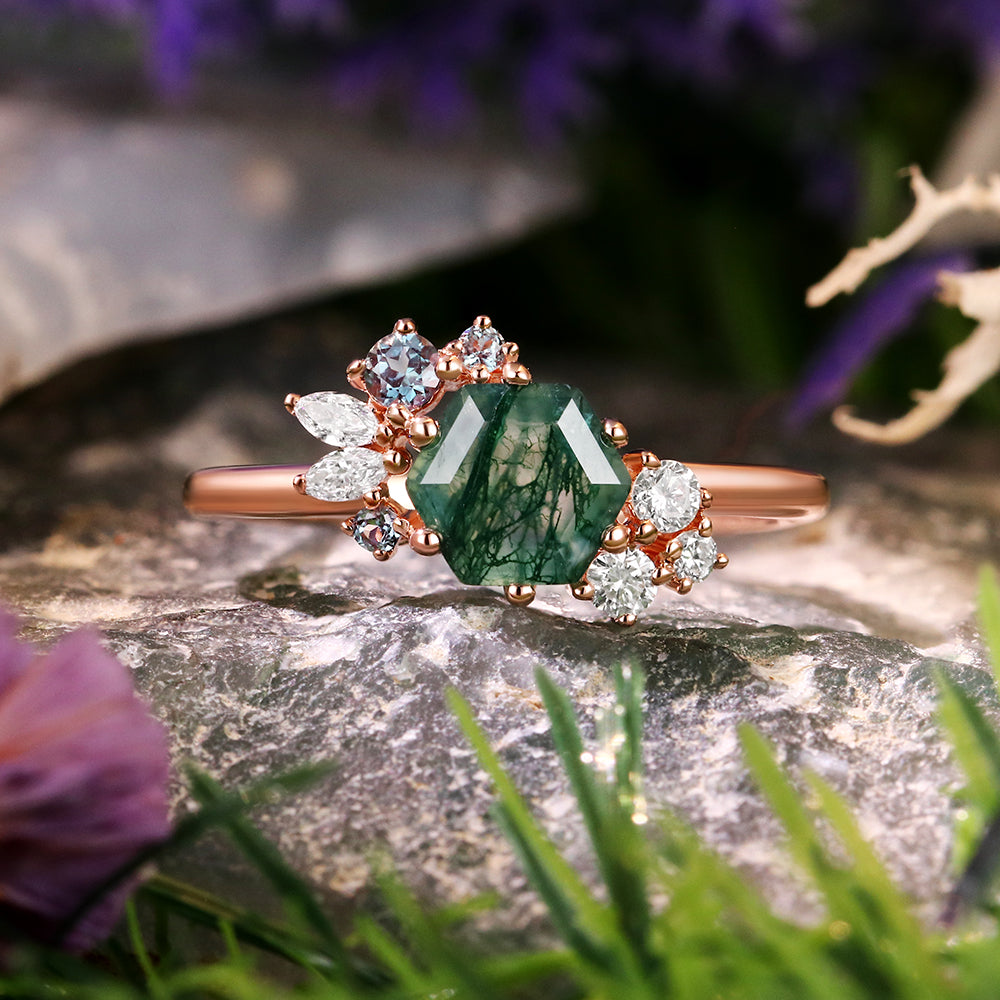 6*6 Hexagon Cut Moss Agate Vintage Unique Cluster Engagement Ring