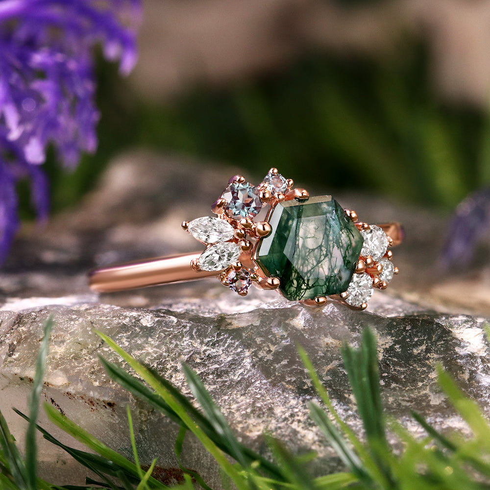 6*6 Hexagon Cut Moss Agate Vintage Unique Cluster Engagement Ring