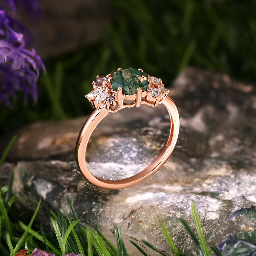 6*6 Hexagon Cut Moss Agate Vintage Unique Cluster Engagement Ring