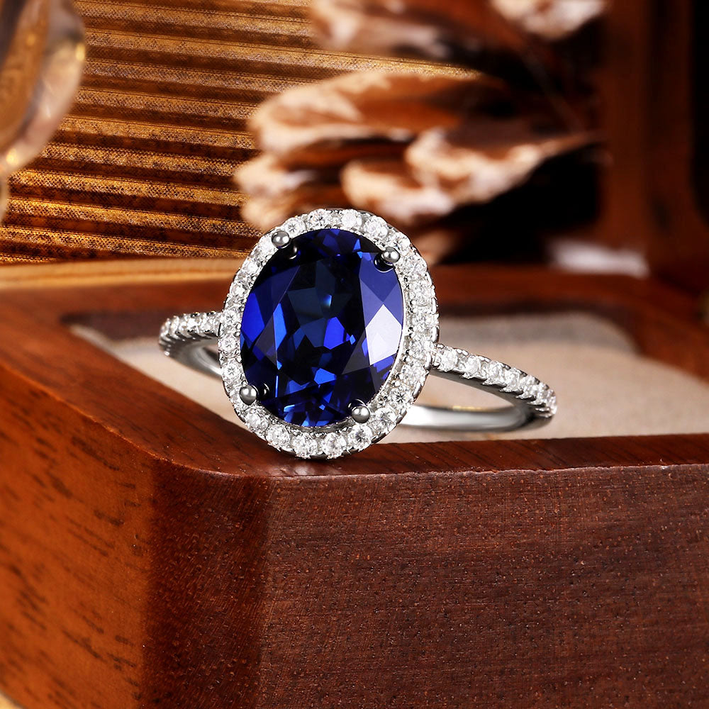 Oval Lab Sapphire Halo Engagement Ring with Moissanite