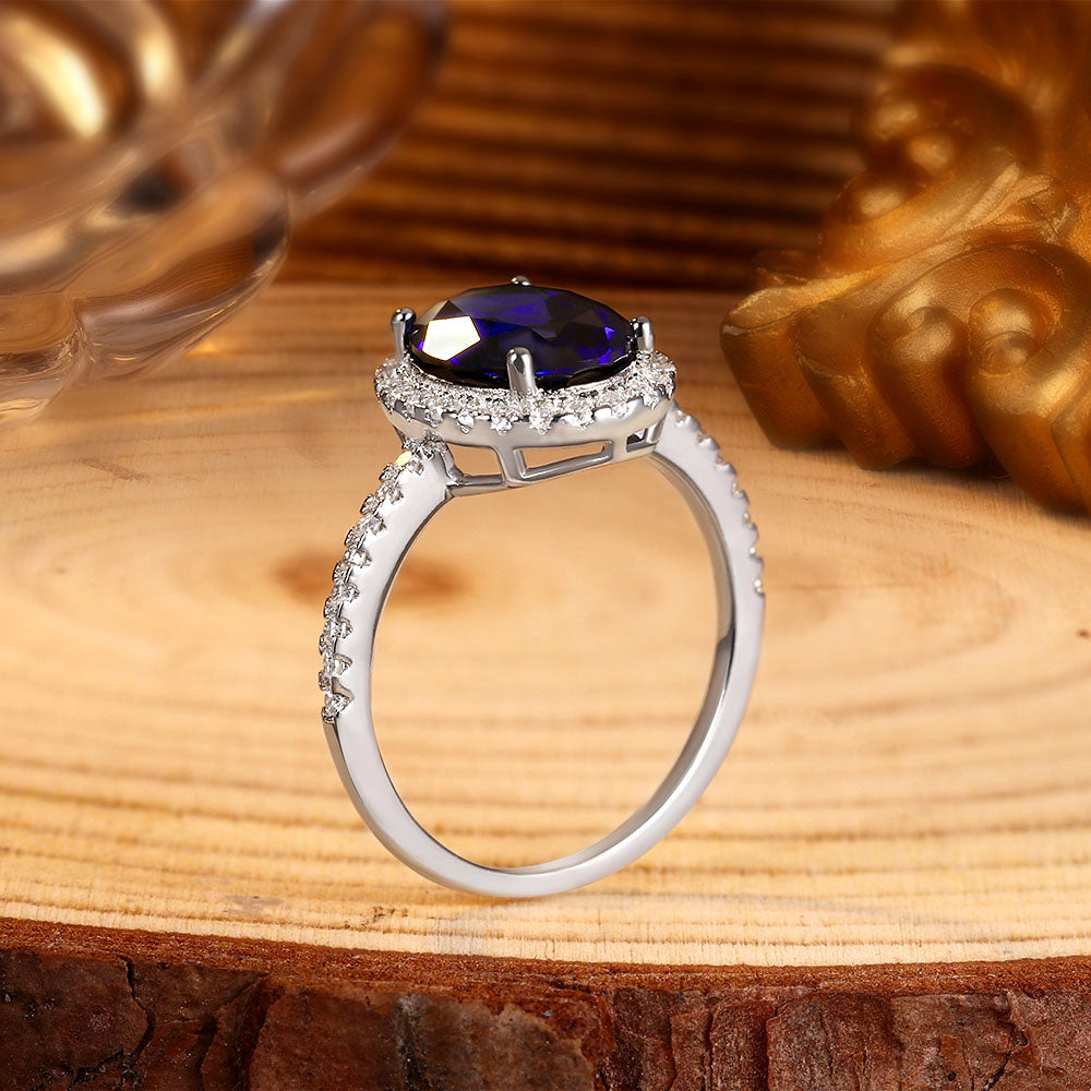Oval Lab Sapphire Halo Engagement Ring with Moissanite