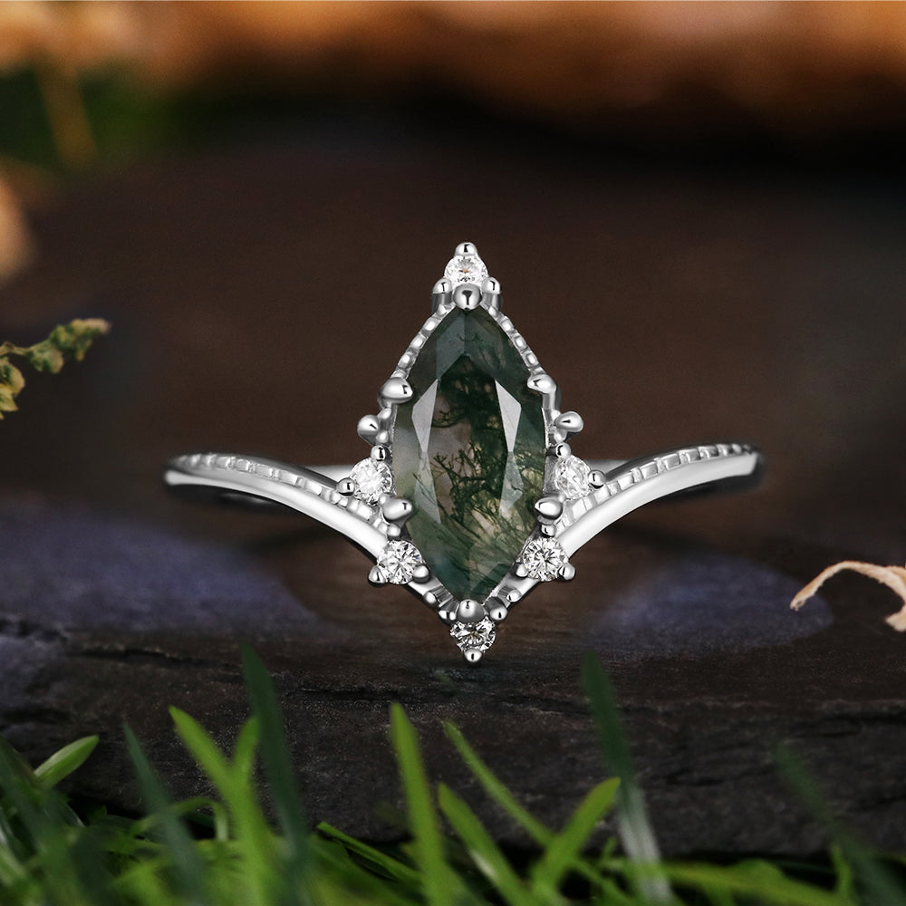 Vintage 5*10 Marquise Cut Moss Agate Retro Claw 6 Prong Engagement Ring