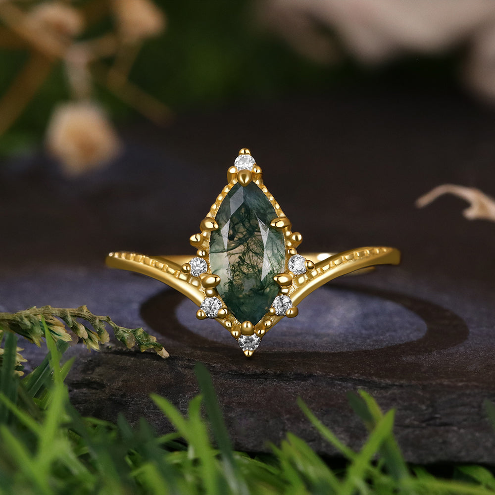 Vintage 5*10 Marquise Cut Moss Agate Retro Claw 6 Prong Engagement Ring