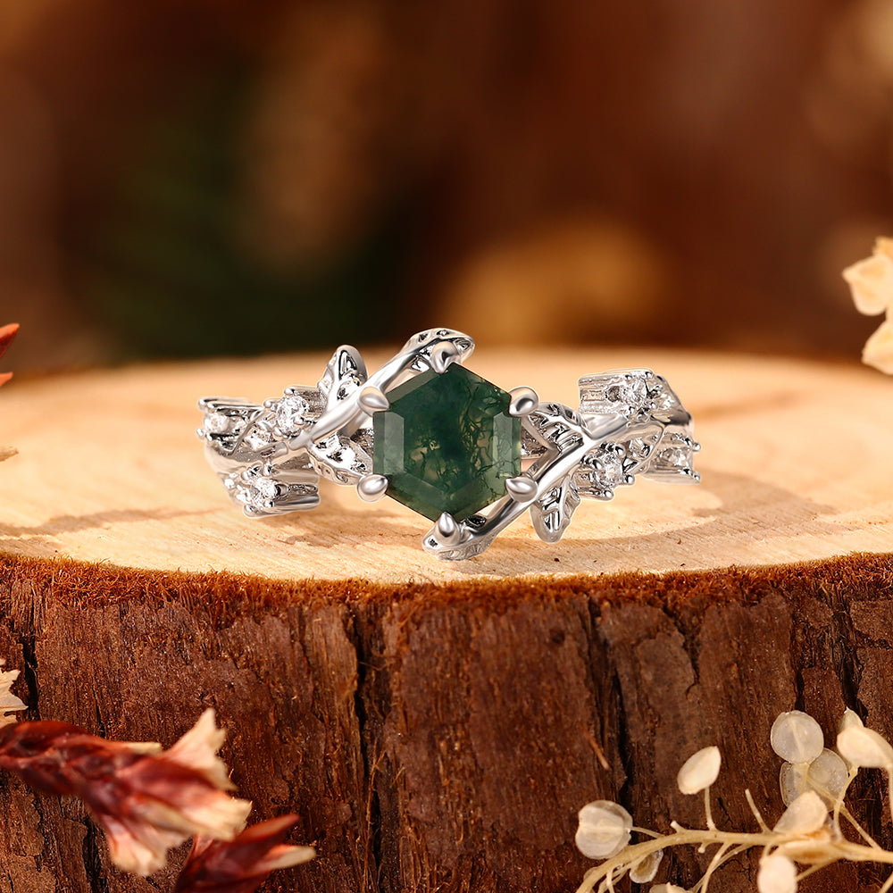 Forest Fairy Hexagon Moss Agate Ring Handcrafted Gold Vine and Leaf Nature Inspired Jewelry