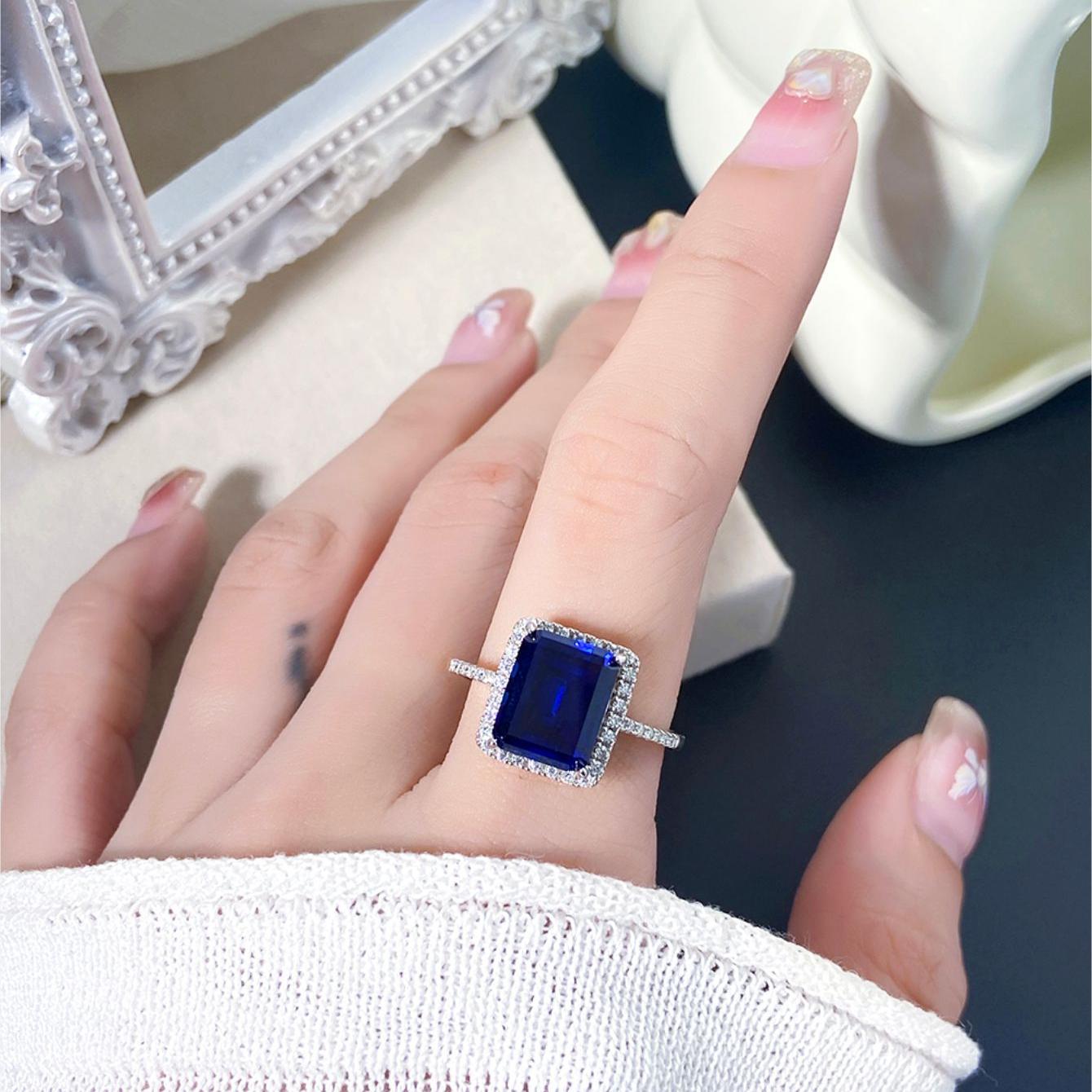 Emerald Cut Lab Sapphire Halo Engagement Ring
