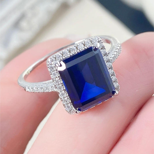 Emerald Cut Lab Sapphire Halo Engagement Ring