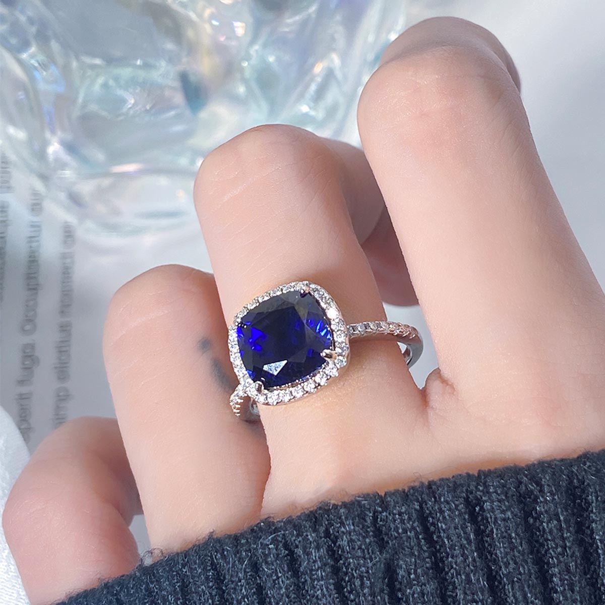 Cushion Cut Lab Sapphire Halo Engagement Ring with Moissanite