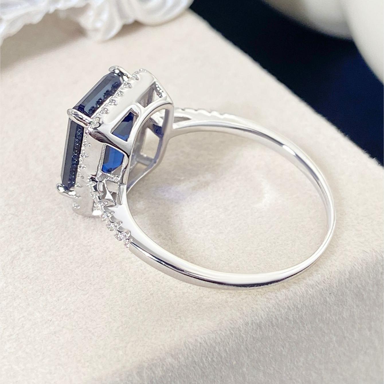 Emerald Cut Lab Sapphire Halo Engagement Ring
