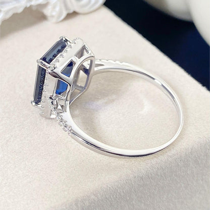 Emerald Cut Lab Sapphire Halo Engagement Ring