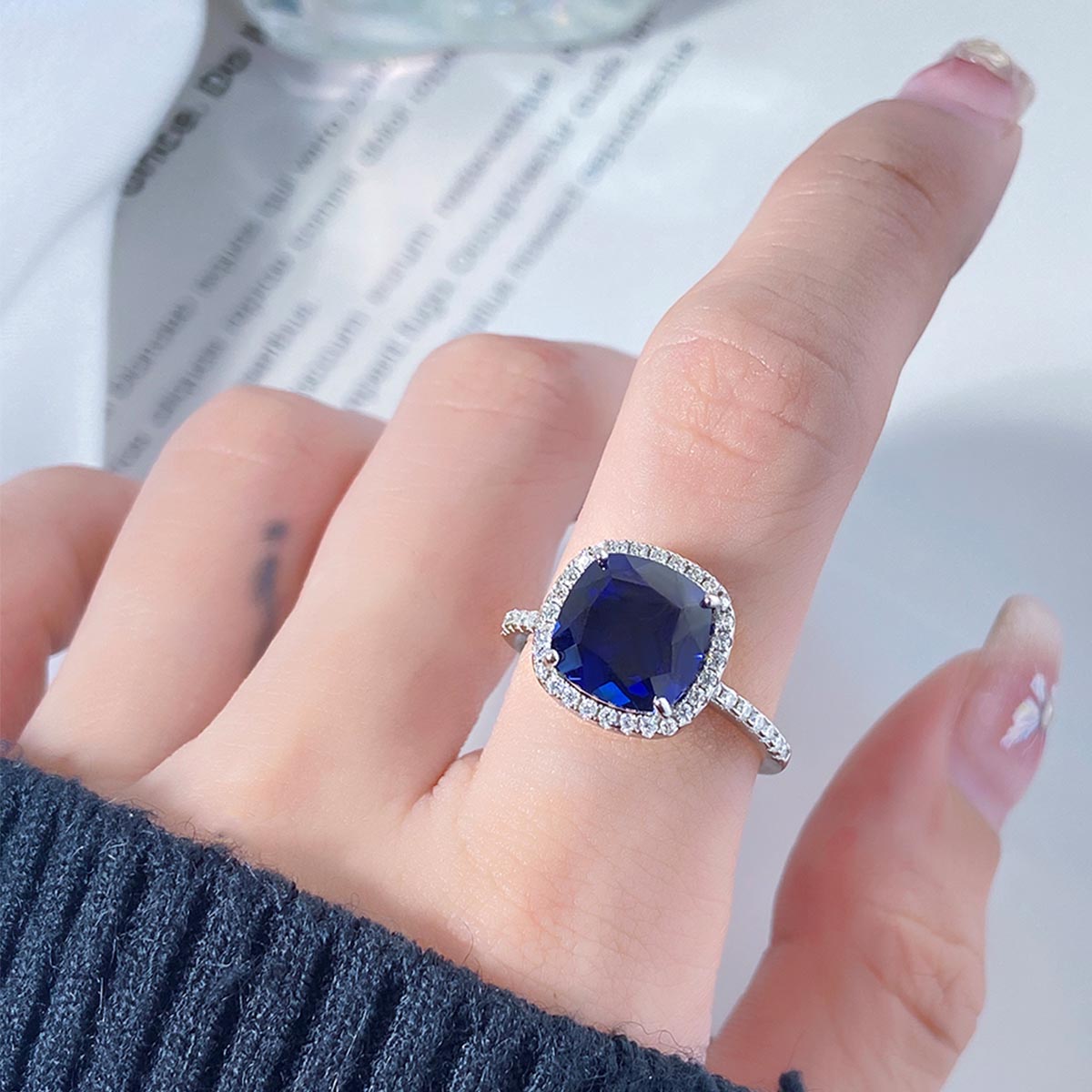Cushion Cut Lab Sapphire Halo Engagement Ring with Moissanite