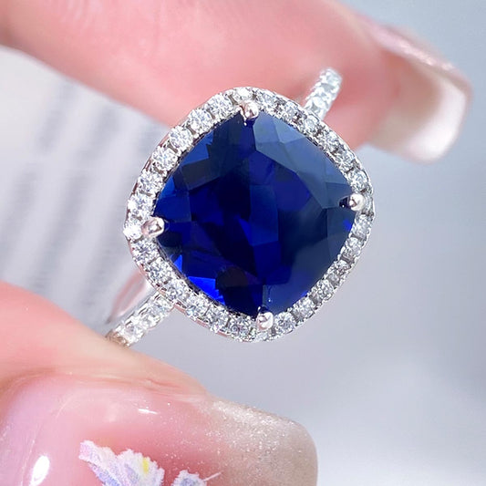 Cushion Cut Lab Sapphire Halo Engagement Ring with Moissanite