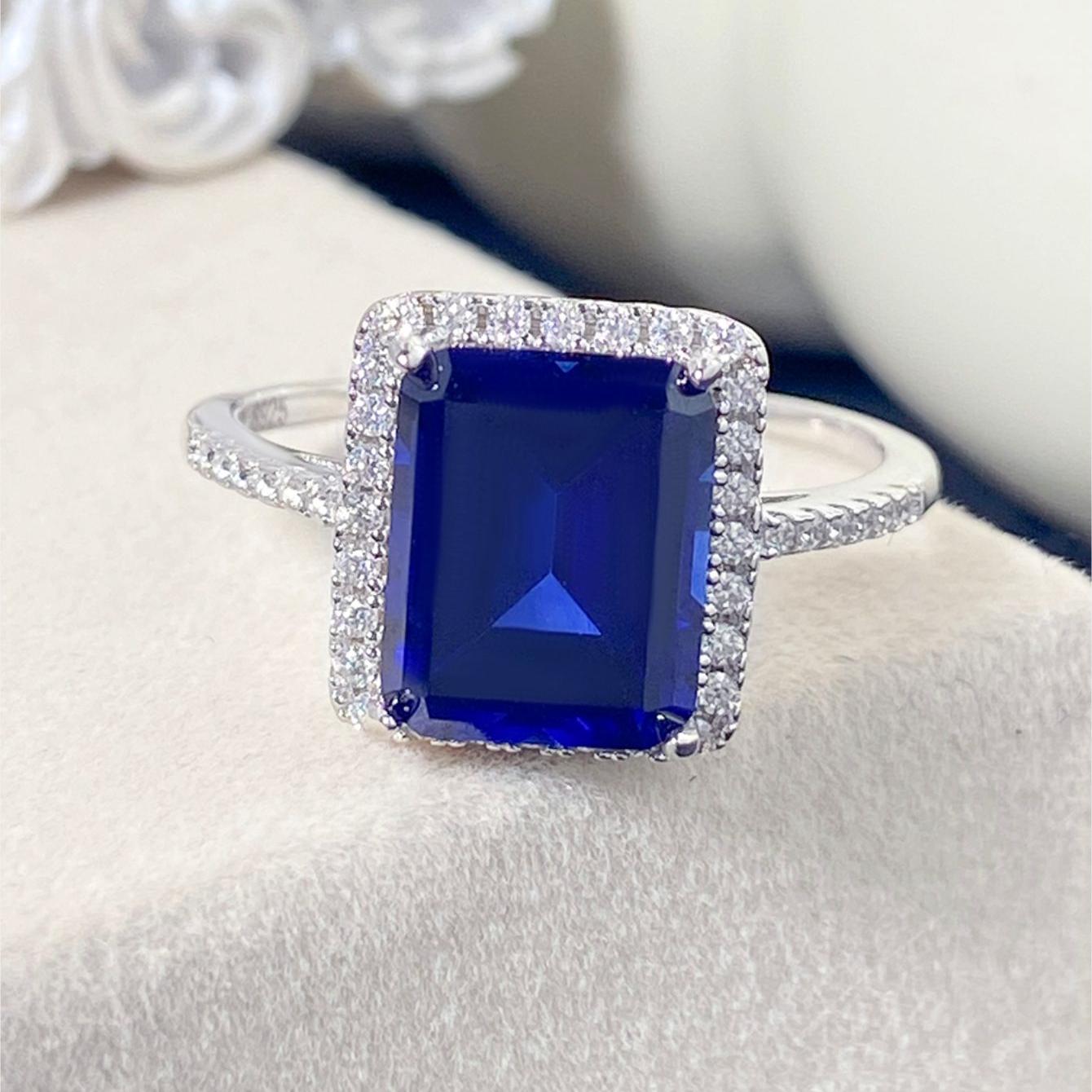 Emerald Cut Lab Sapphire Halo Engagement Ring