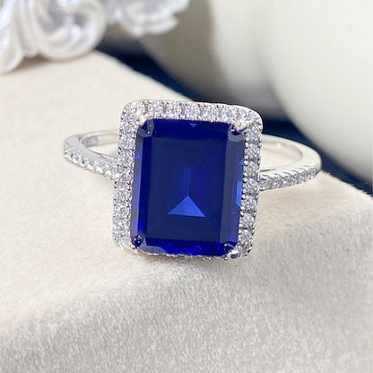 Emerald Cut Lab Sapphire Halo Engagement Ring