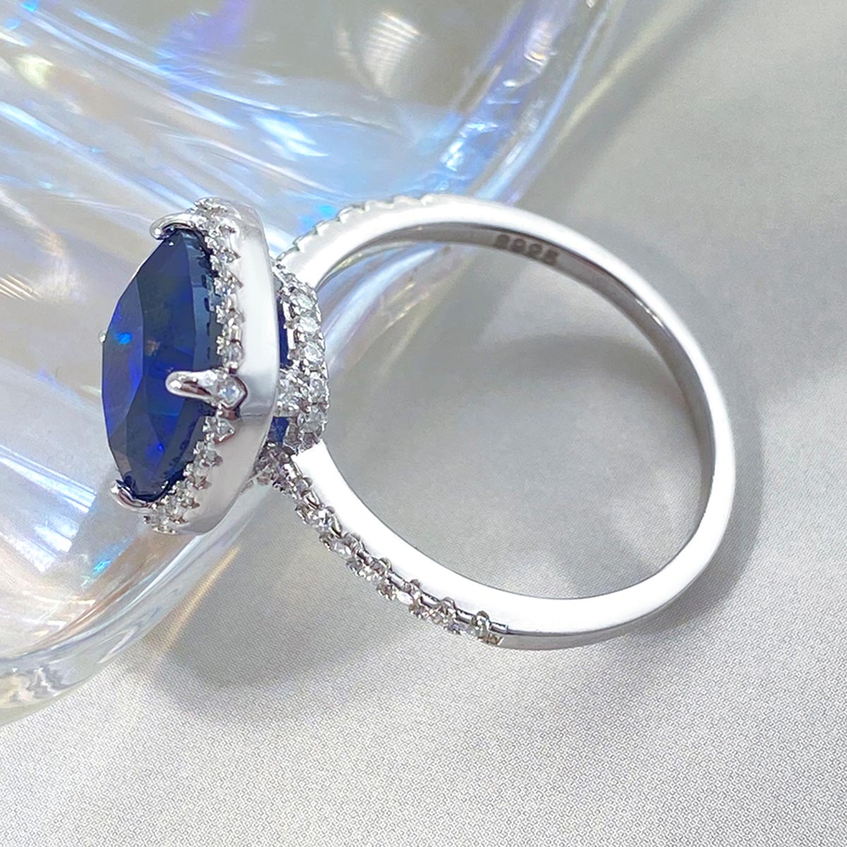 Cushion Cut Lab Sapphire Halo Engagement Ring with Moissanite