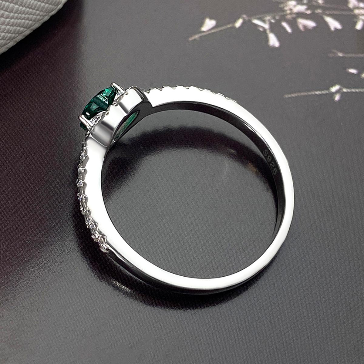 Heart Lab Emerald Halo Engagement Ring with Moissanite Side Stones